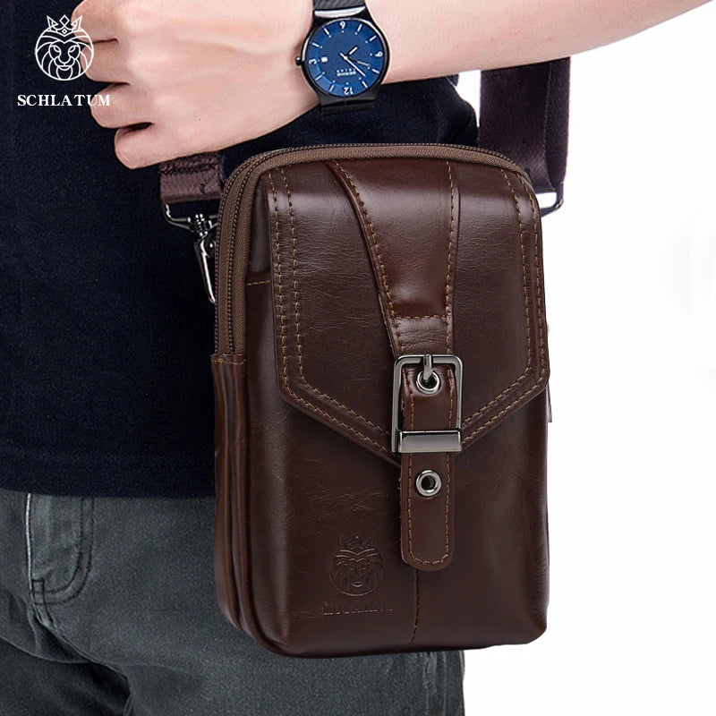 SCHLATUM Custom Men's Vintage Crossbody Single Shoulder Bag Multifunctional Genuine Leather with Phone Side Access