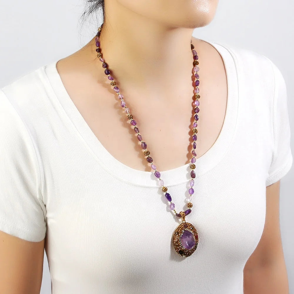 Fashion Women Bohemian Jewelry Chip Tourmaline Rhinestone Ball Hematite Necklace Big Irregular Baroque Pearl Pendant Necklace