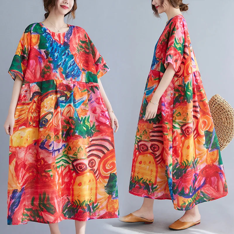 Plus Size Cotton Dress Colorful Printing Women Linen Dress