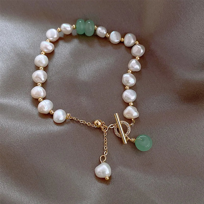 Irregular White Freshwater Pearl Bracelet Beaded Bracelet Baroque Pearl with Green Jade Agate for Wedding Women Girls Gift