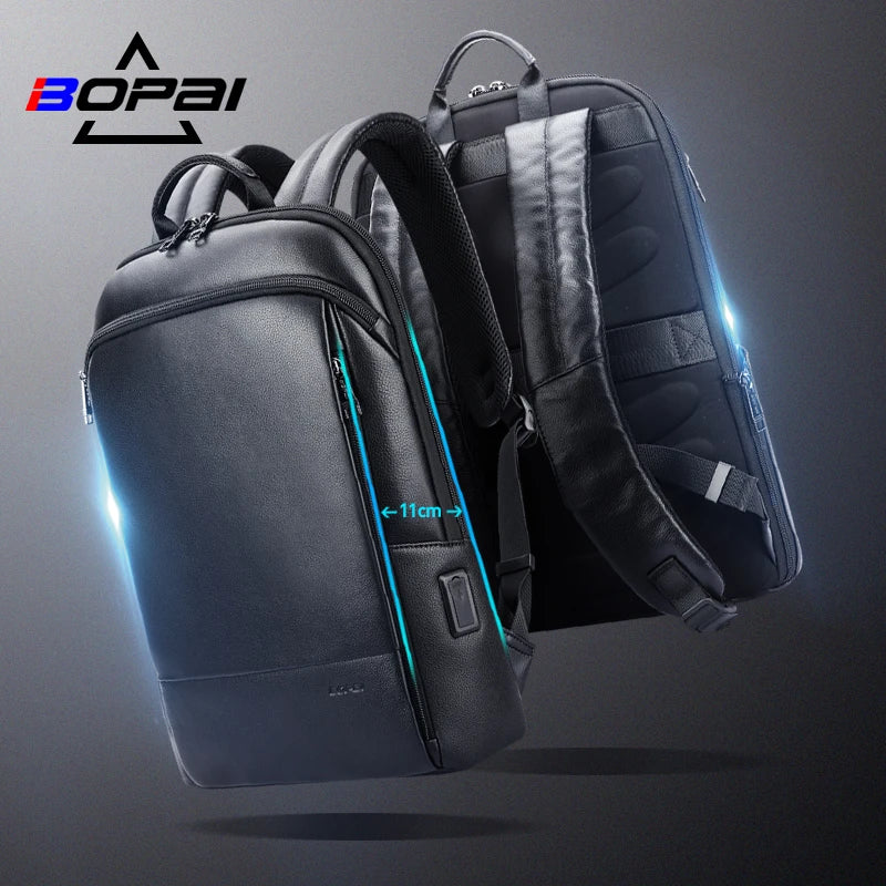 Bopai Premium Slim Light Business Commute USB Charging Smart Cowhide Anti Theft 15 Inch Men Real Genuine Leather Laptop Backpack