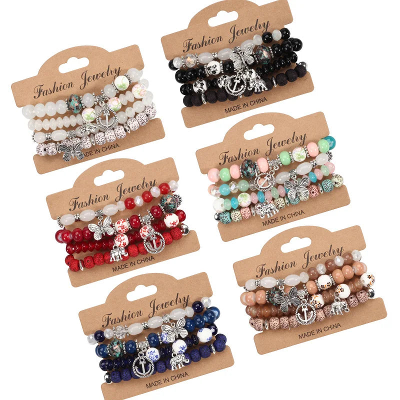 DAIHE 2024 Bohemian Butterfly Boat Anchor Elephant Pendant Multilayer Rice Beads Beaded Bracelet