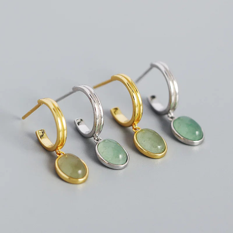 European Fashion 925 Sterling Silver Fine Jewelry for Women Bohemian Style Natural Green Aventurine Pendant Zircon Stud Gifts