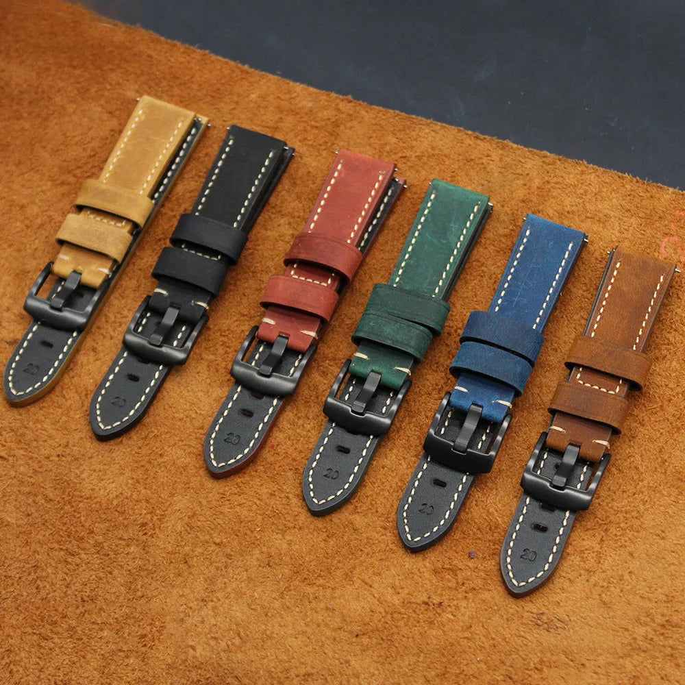 Premium Top Grain Genuine Leather Watch Belt 20/22/24MM Handmade Stitching Crazy Horse Leather Watch Band Replacement Strap