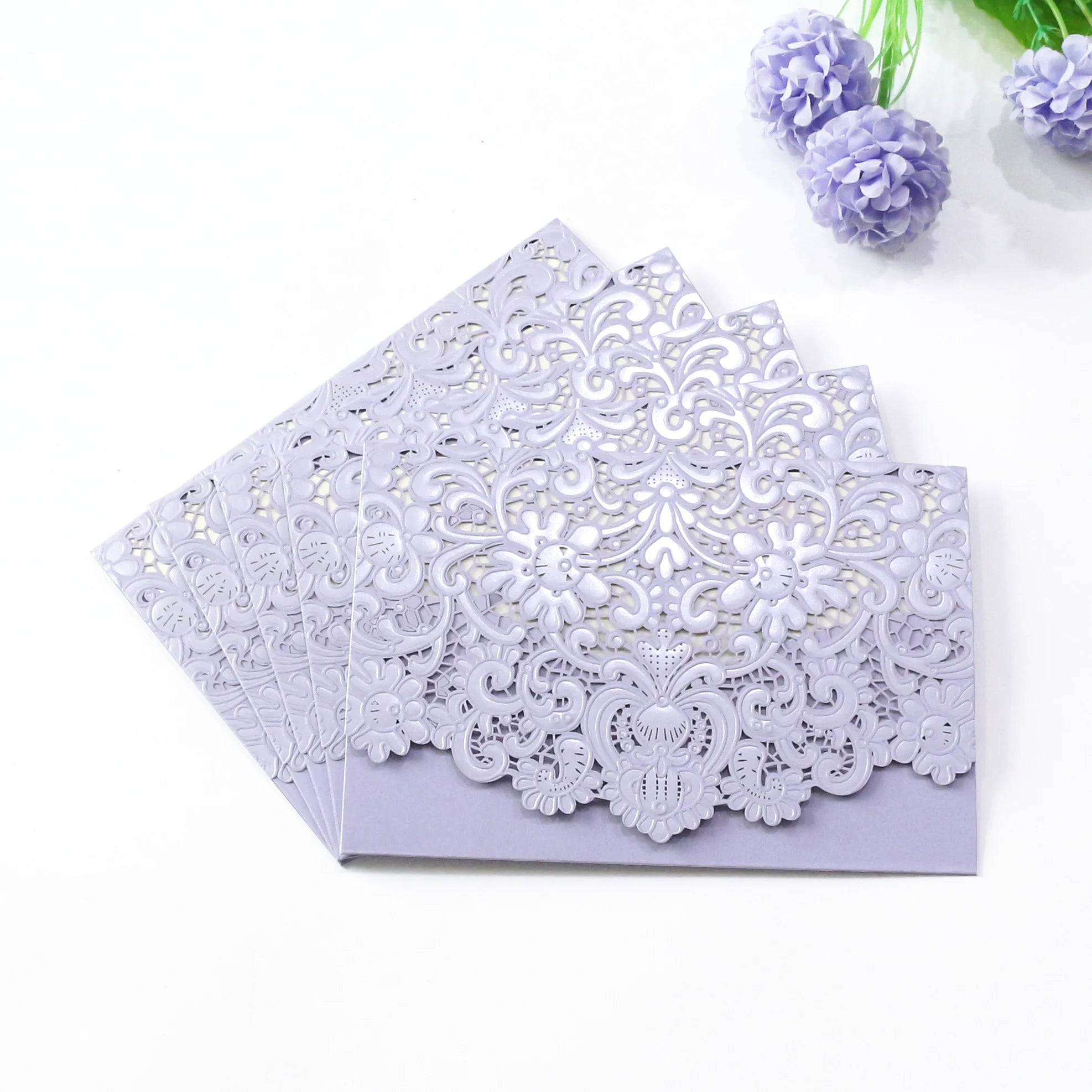 Wholesales Custom Wedding Card Light Purple Bespoke Lace Laser Cut Floral Greeting Invitations Hollowed-out Holiday Cards