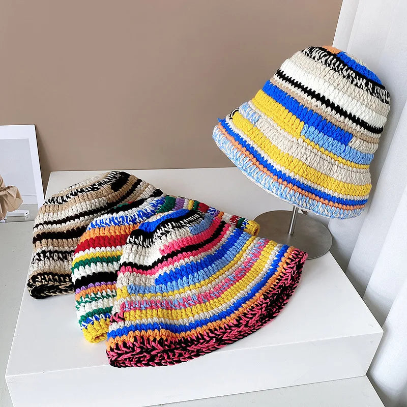 New Arrival Women's Colorful Striped Handmade Knitted Bucket Hat Crochet Cap for Daily Casual Fishing Party Cycling Leaf