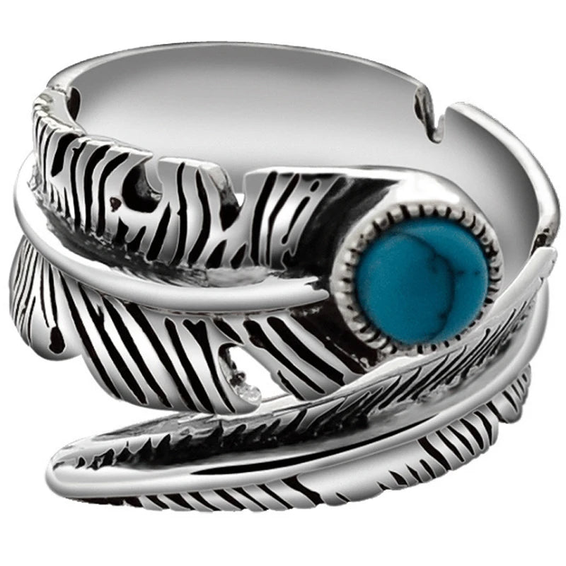 S925 Silver Plated Synthetic Turquoise Open Feather Women's Classic Gemstone Ring Engagement Anniversary Party Jewelry Channel