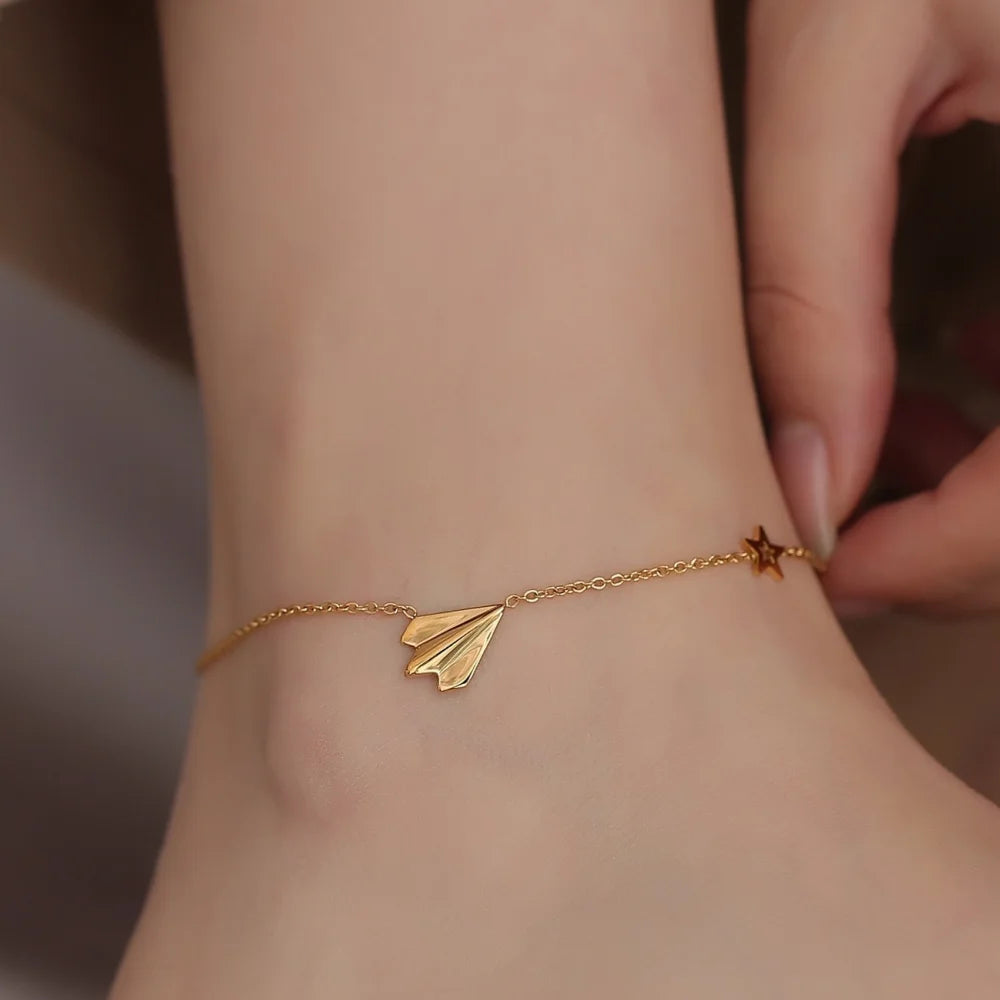 Non Tarnish Water Proof Jewelry Fashion Paper Plane Star Charm Stainless Steel Anklets for Women 18K Gold