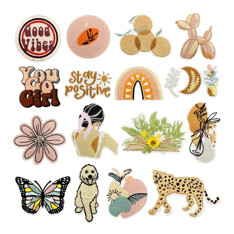 Iron on Embroidery  Brown pink Color rainbow butterfly Flower Goodvibes Patch for  Clothes Hat Decoration