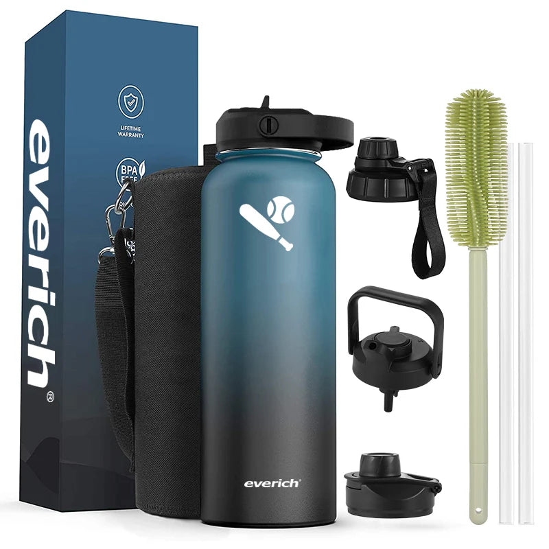 12-64 oz Wide Mouth Double Wall Vacuum Insulated Water Bottle Leakproof Straw Lid and Spout Lid with New Rotating Rubber Handle