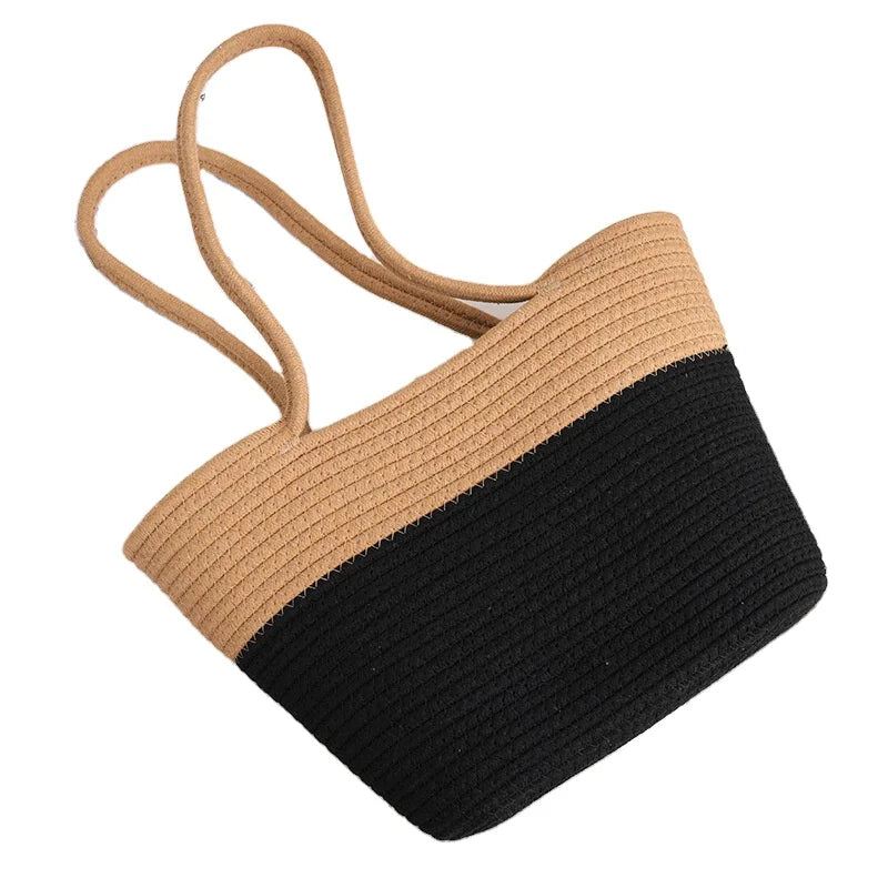 Lady Fashionable High Quality Handwoven Cotton Weave Rope Open Portable Bag Two Straps for Travel Leisure Beach All Seasons