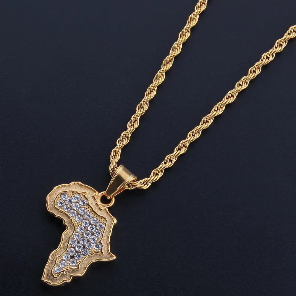 Hot Selling Hip-hop Trendy Accessories Inlaid with Zircon African Map Pendant Fashionable and Exquisite Necklace