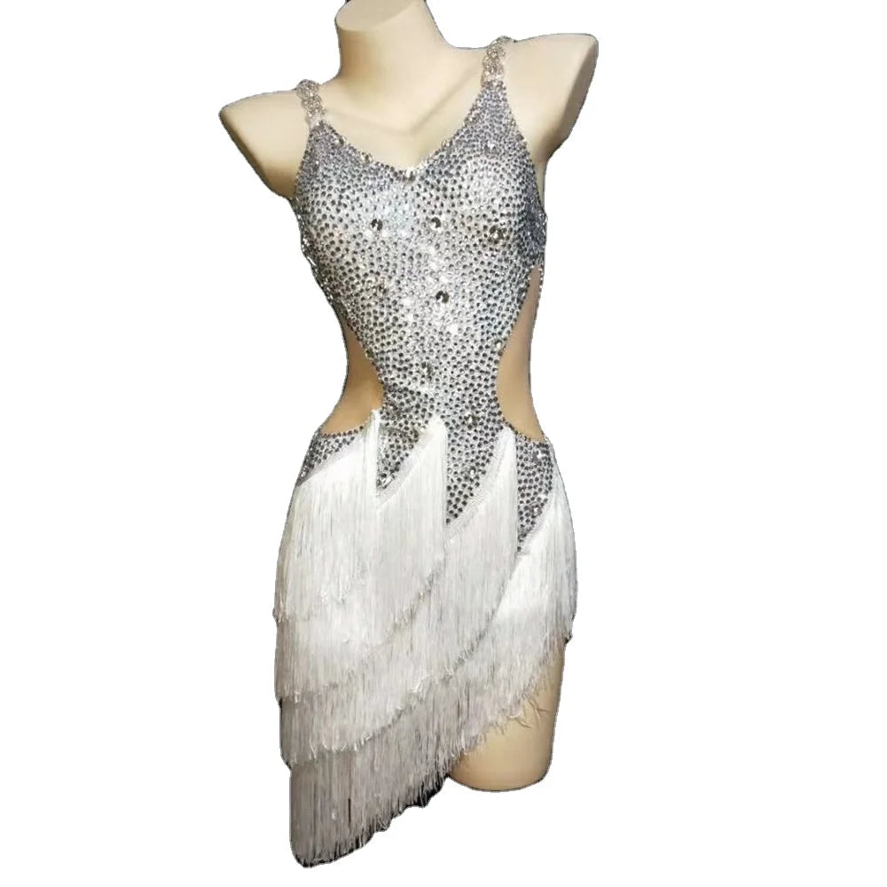 Shiny Sleeveless Silver Crystal Tassel Party Celebration Mini Dress Women Hollow Out Latin Dance Stage Costume Club Prom Dress