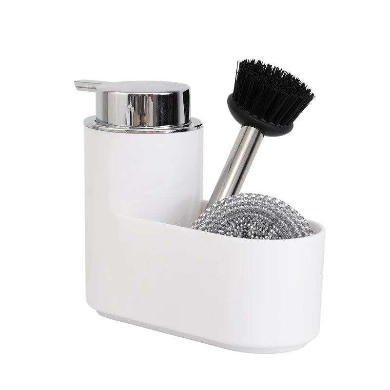 Modern Bathroom Liquid Hand Soap Dispenser Pump Bottle with Brush Holder Freestanding Plastic Chrome Finish