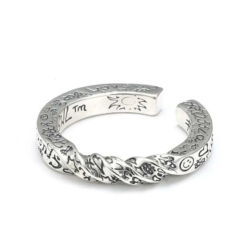 AA01100 Retro Thai Silver Plated Finger Ring for Men Women Personalized Twisted Line Letter Graffiti Ring Open Adjustable Ring