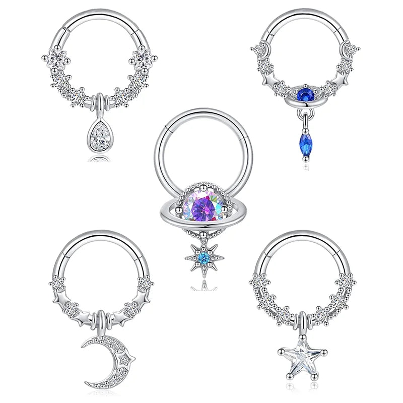 Stainless Steel Septum Nose Piercing Helix Cartilage Rook Hoop Earring Moon Star Hinged Clicker Segment Nose Ring Body Jewelry