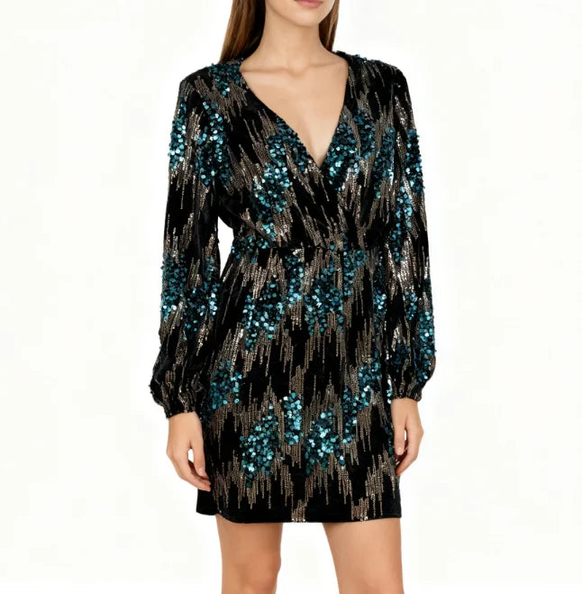 Elegant Long Sleeves Dress for Date Sequin Prom Dress Short Evening Dress for Women