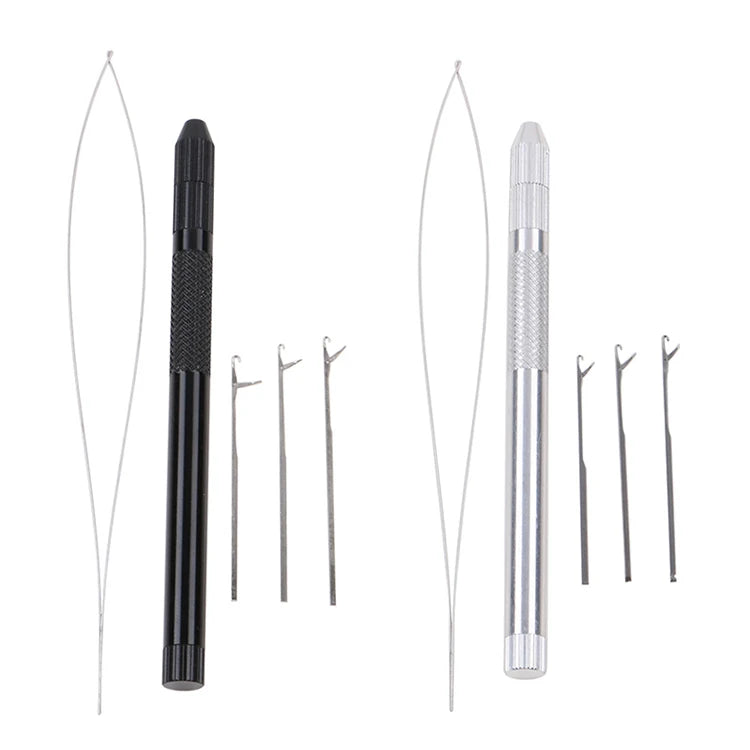 (1 Loop+3 Needles) 5 Sets/lot Loop Threader Pulling Needle Used With Hair Extension Pliers Micro Beads Tools Hook Needle Silver