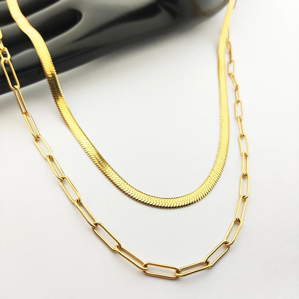 Snake Chain Cadena Acero Inoxidable Flat Snake Chain Necklace  Paper Clip Chain Double Layered Necklaces Accessoires Bijoux
