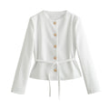Women's Coat 2024 Autumn New Fashion Textured Retro Round Neck  Belt White Coat for Women Jacket Blazer