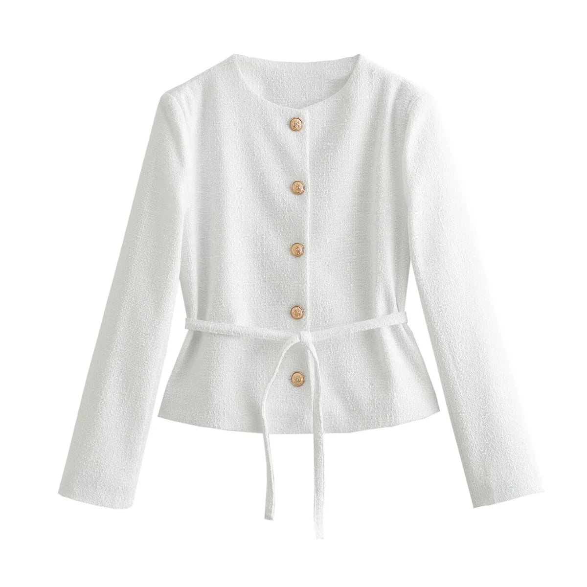 Women's Coat 2024 Autumn New Fashion Textured Retro Round Neck  Belt White Coat for Women Jacket Blazer