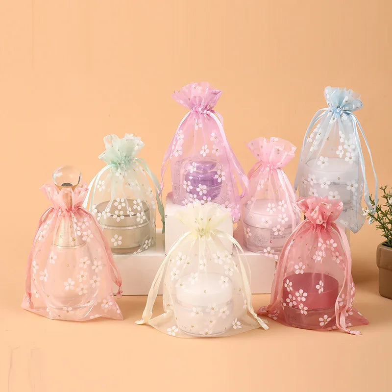 Linna 10*14Cm High Density Quality Drawstring Organza Sachet Bags Digital Printing Flowers Jewelry Gifts OPP Material Carton