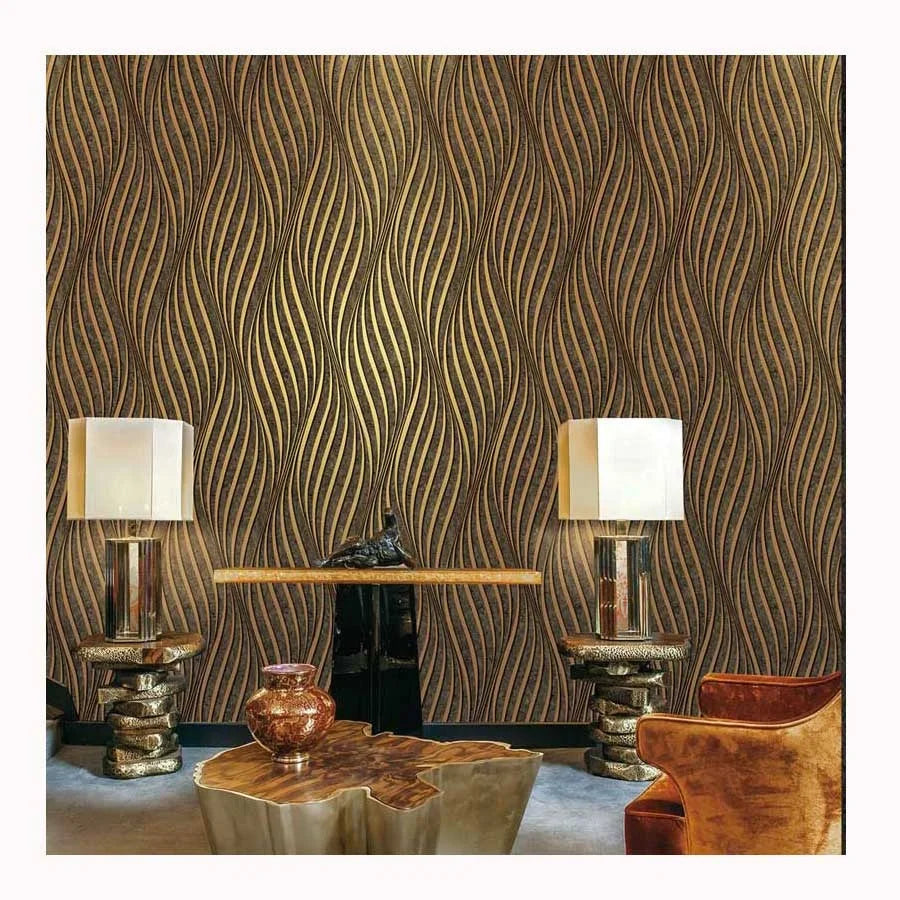 Latest Gold and Brown Luxury Wave Stripe Embossed Vinyl Wallpaper Living Room Decor Wall Covering Home Decoration Wallpaper