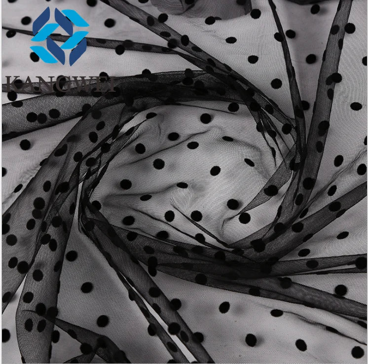 Fancy 100% Nylon Wedding Tulle Black Polka Dot Flocked Tulle Fabric for Dress Flocking Tulle Fabric