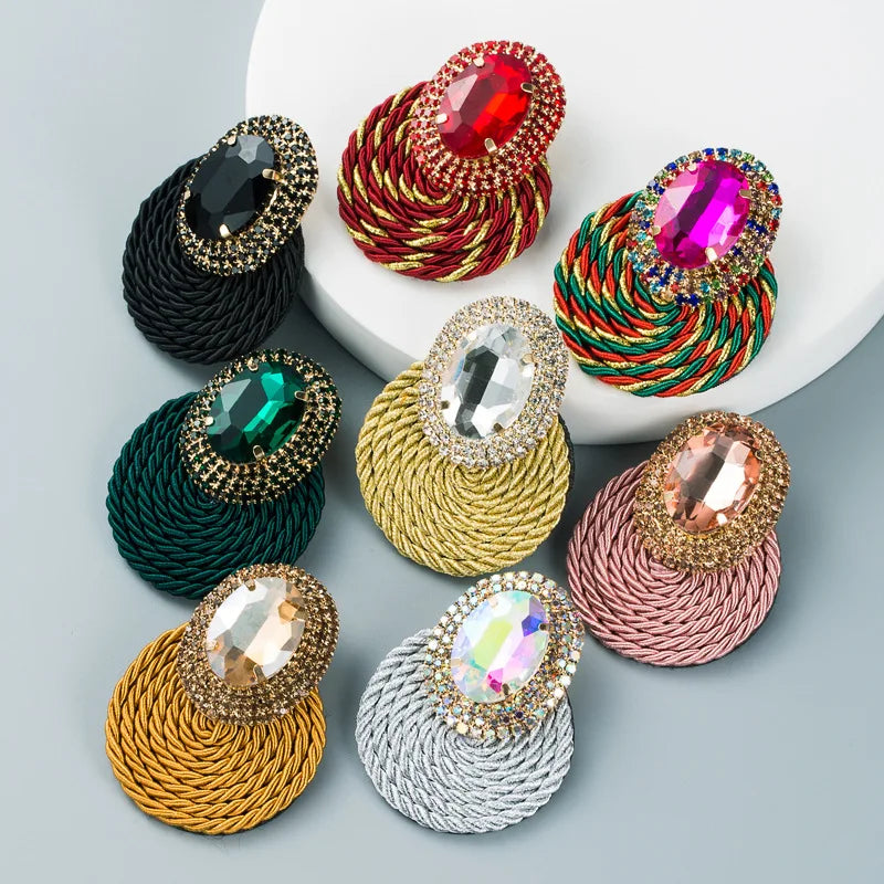 Jachon Exaggerate Oval Crystal Earrings Hand-woven Line Stud Earrings rainbow Diamond Earrings  Jewelry
