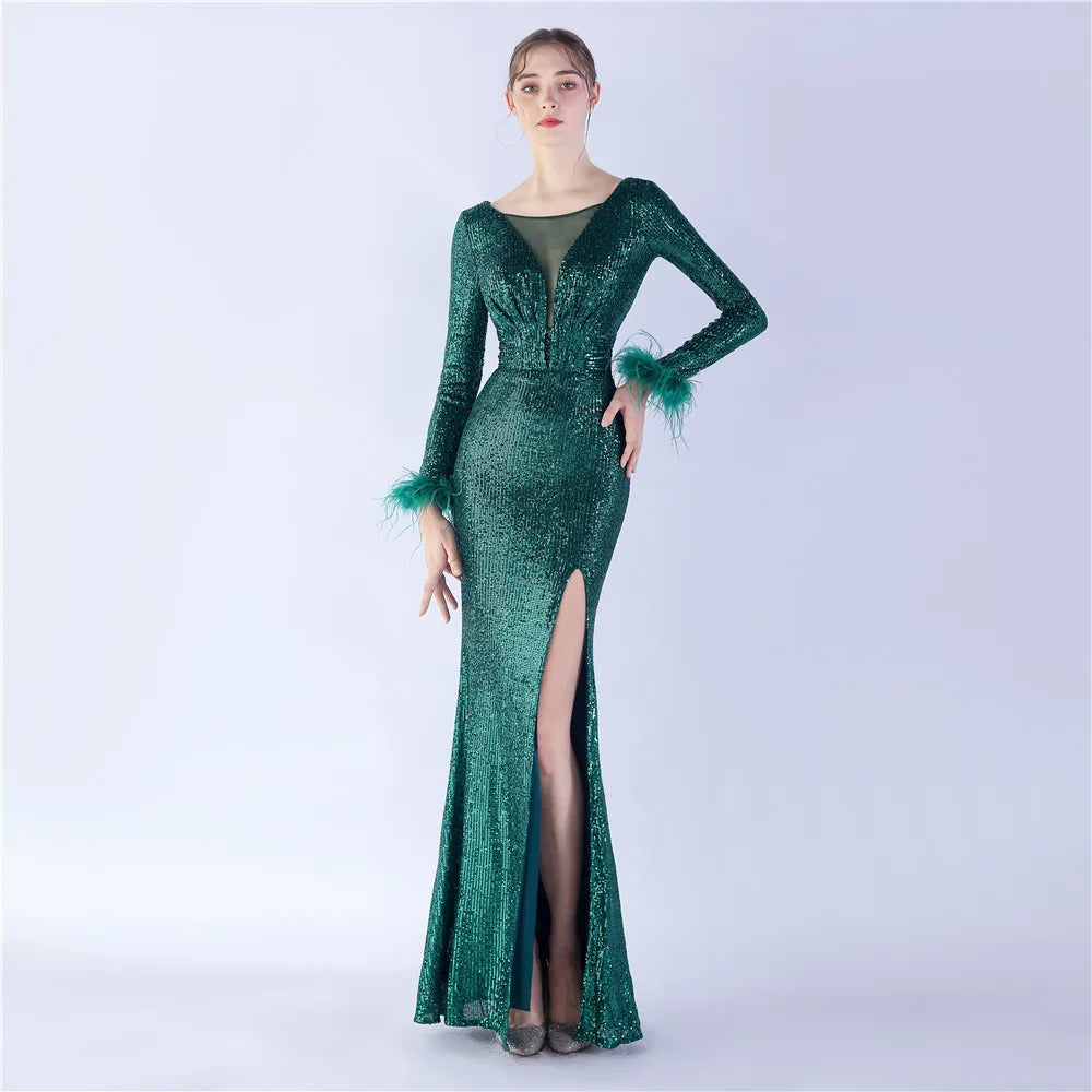31328# 2025 Ostrich Wool High-end Long Sleeve Bead Evening Dress