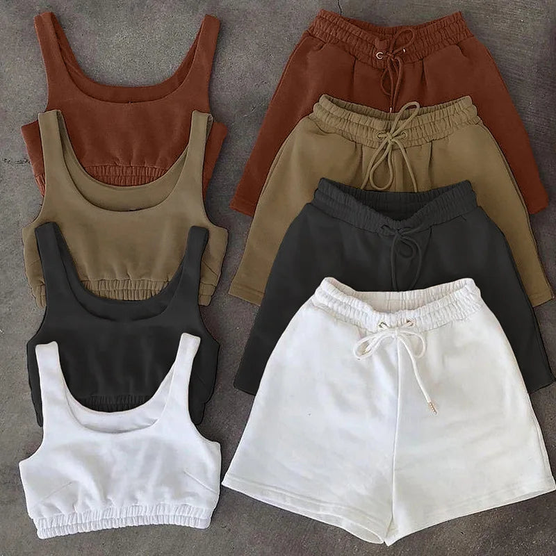 Casual Eco-Friendly Solid Sportswear Two-Piece Sets Women 2021 Crop Top Drawstring Shorts Matching Summer Athleisure Outfits
