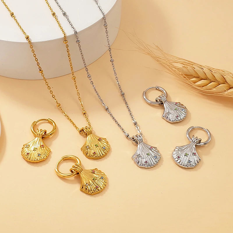 Wholesale Luxury 18K Gold Plated Stainless Steel Necklace Earrings Set Waterproof Ocean Beach Shell Diamond Jewellery Women Gift