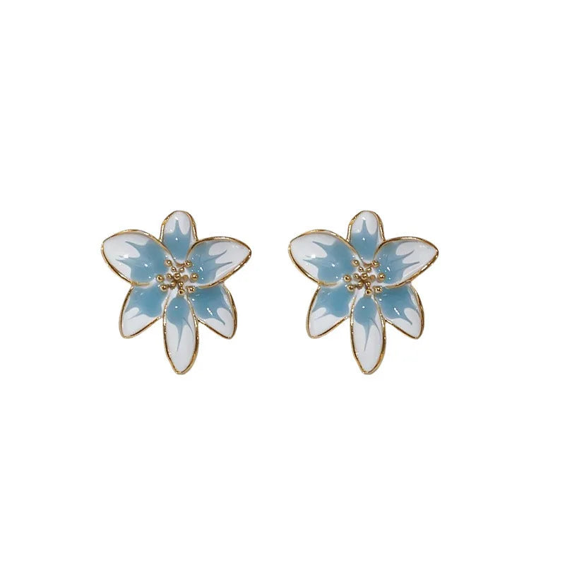 Metal Stud Earrings Blue Drop Glaze Flower with Pear Stone Adding Sweet Temptation