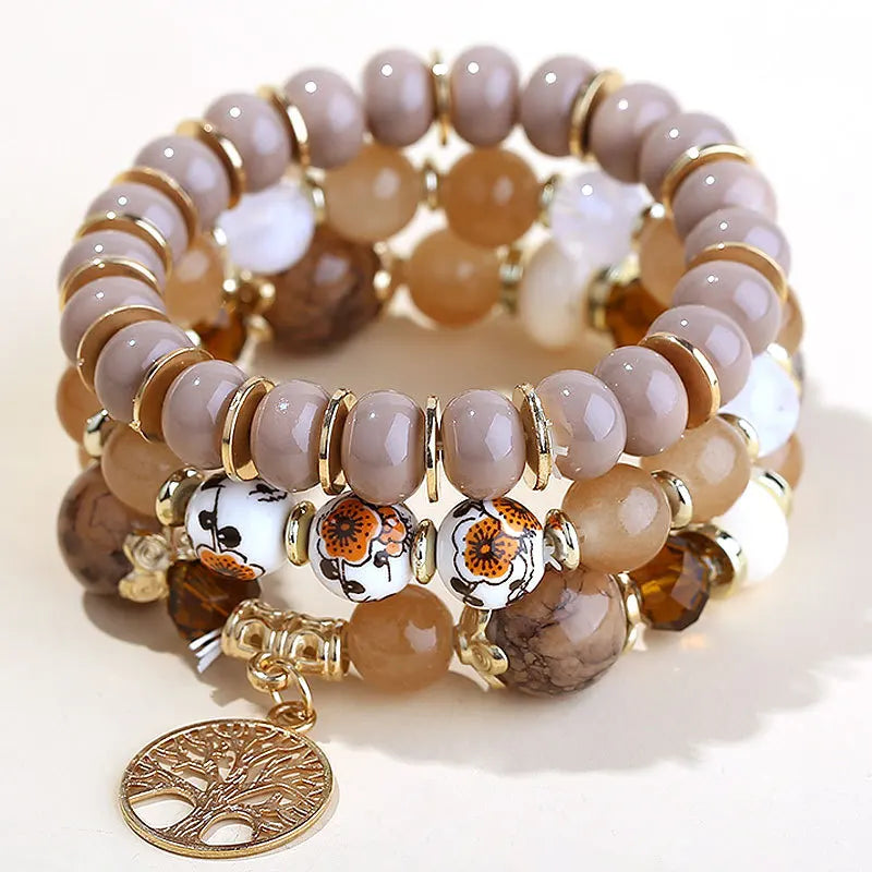 YL American Accessories Bohemian Ethnic Style Color-Blocked Glass Ceramic Life Tree Multi-Layer Beaded Bracelet Hand Chain