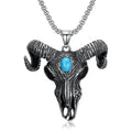 Punk Cow Goat Skull Head Blue Turquoise Natural Gemstone Pendant Necklace  Stainless Steel Viking Gothic Skeleton Pendant