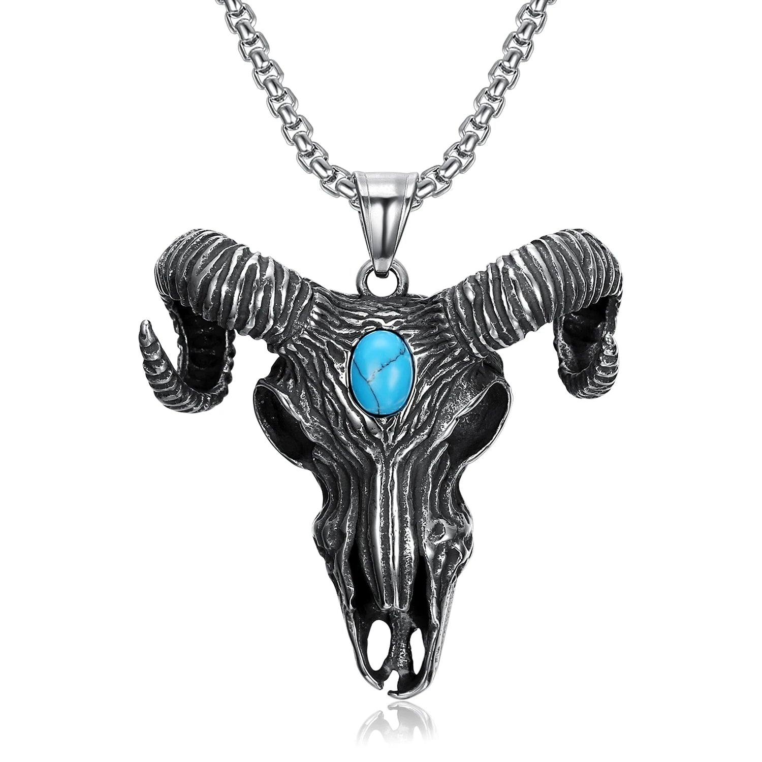 Punk Cow Goat Skull Head Blue Turquoise Natural Gemstone Pendant Necklace  Stainless Steel Viking Gothic Skeleton Pendant