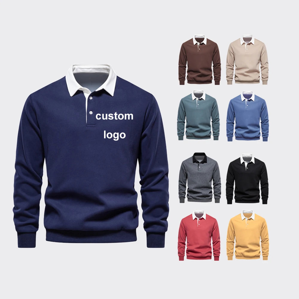 Custom Men Sweatshirts Print Embroidery Turn Down Pullover Mens Street Wear Long Sleeve Loose Fit Cotton Polo Collar Sweatshirts