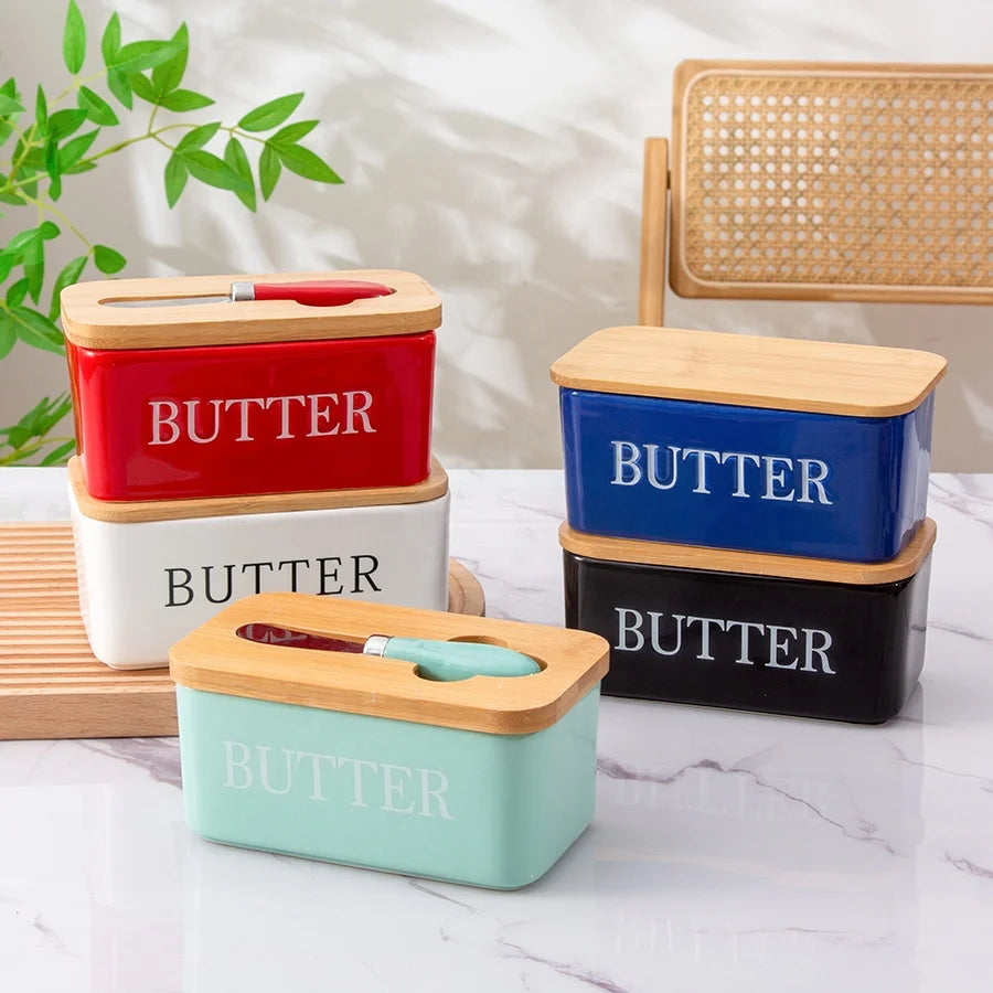 Ins New Colorful Ceramic Butter Dish with Lid and Knife Eco-Friendly 550ml Capacity Modern Kitchen Use