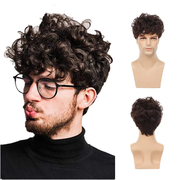 New Arrival Men's Black Color Natural Brown Afro Short Curly Adjustable Size Breathable Synthetic Male Hair Toupee Wigs