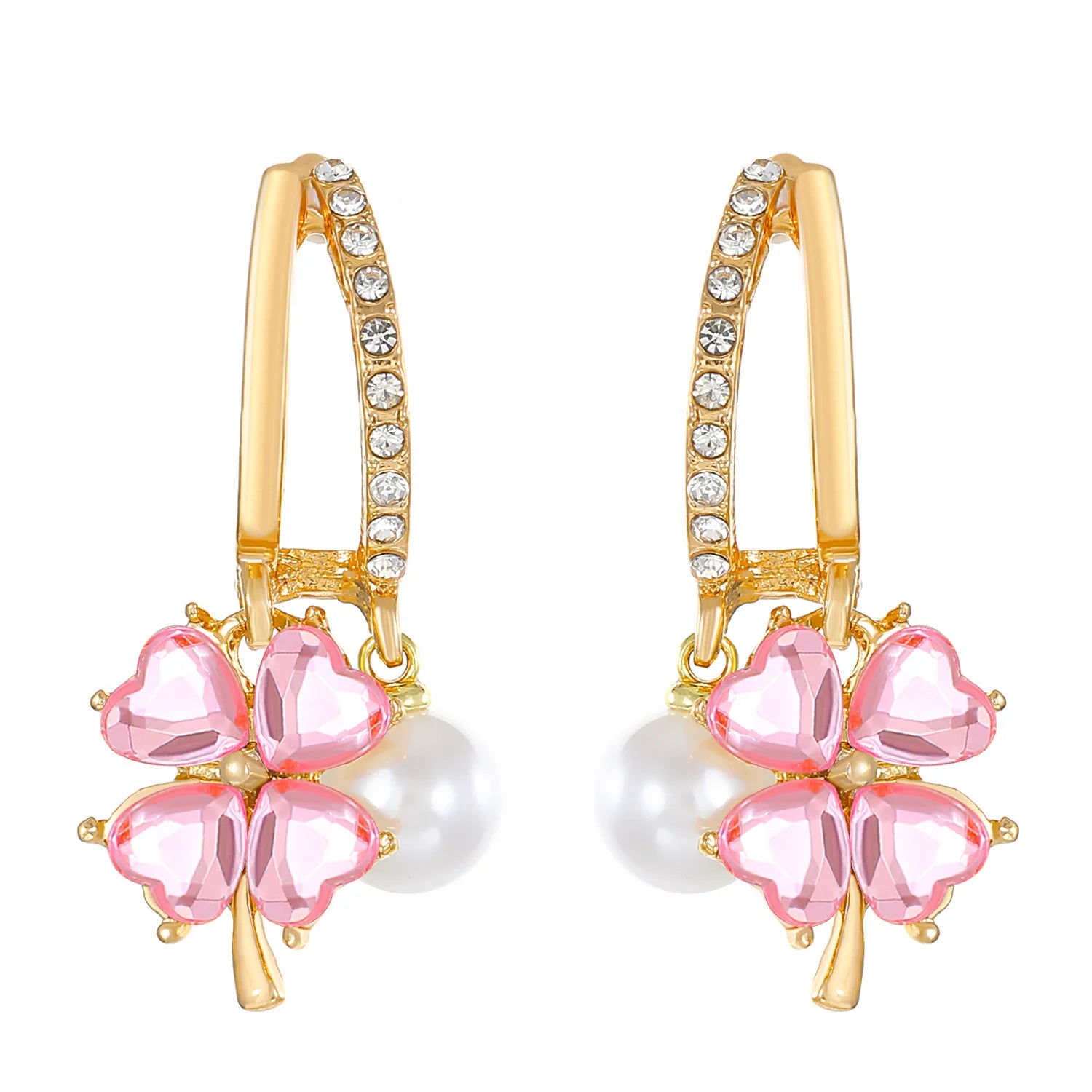 New pink Four-leaf Pearl Earrings French Light Luxury Sweet love Petal Earrings