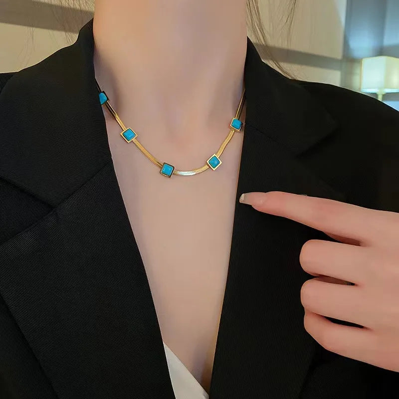 Nabest Women Square Turquoise Charm Necklace Bracelet Set 18K Gold Plated Stainless Steel Snake Chain Jewelry Kits