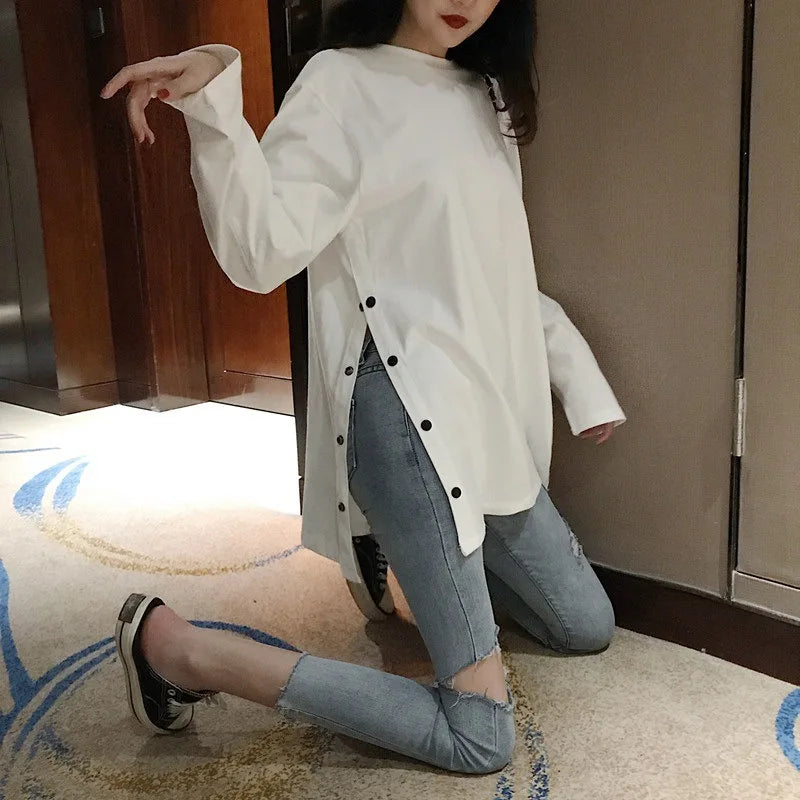 Wholesale 2026 Autumn New Korean Version of Solid Color Long-sleeved T-shirt Female Loose Student Split Fashion Simple T-shirt
