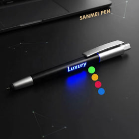 Promotional Stationery Stylus Touch Screen Laser logo Custom Colorful Light up Led Ballpoint Pen with Light logo