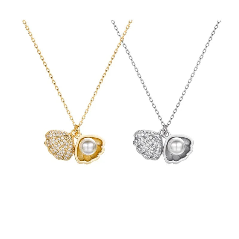 New Gold Silver Diamond Pearl Shell Pendant Necklace for Women's Party Gifts Fashion Faux Beads Crystal Rhinestones Chain