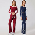 Women's Long Sleeve Stretchy Soft Quick Dry Lightweight Color Contrast Flare Pants Tops Set Breathable Yoga Active Use Stock