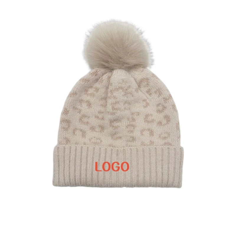 Female Versatile Ins Organic Cotton Leopard Print Warm Sports Custom Beanie Pom Pom All Sizes 3D Embroidery Technique Business