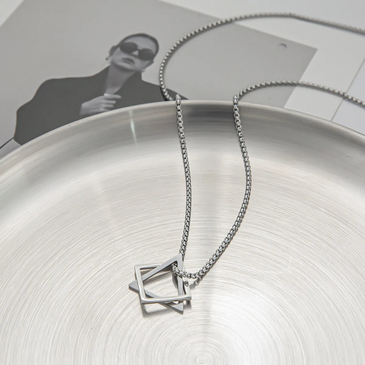 INS Hot Sale Stainless Steel Hollow Geometric Figure Triangle Square Pendant Necklace for Men Women
