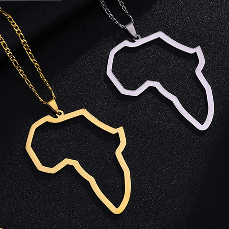 European American18K Gold-plated Necklace Original Hip-hop Necklace New Hot Stainless Steel African Hollow-out Map Necklace