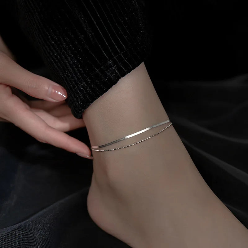 Wholesale Women Foot Anklet 925 Sterling Silver Double Layer Snake Chain Anklets Jewelry