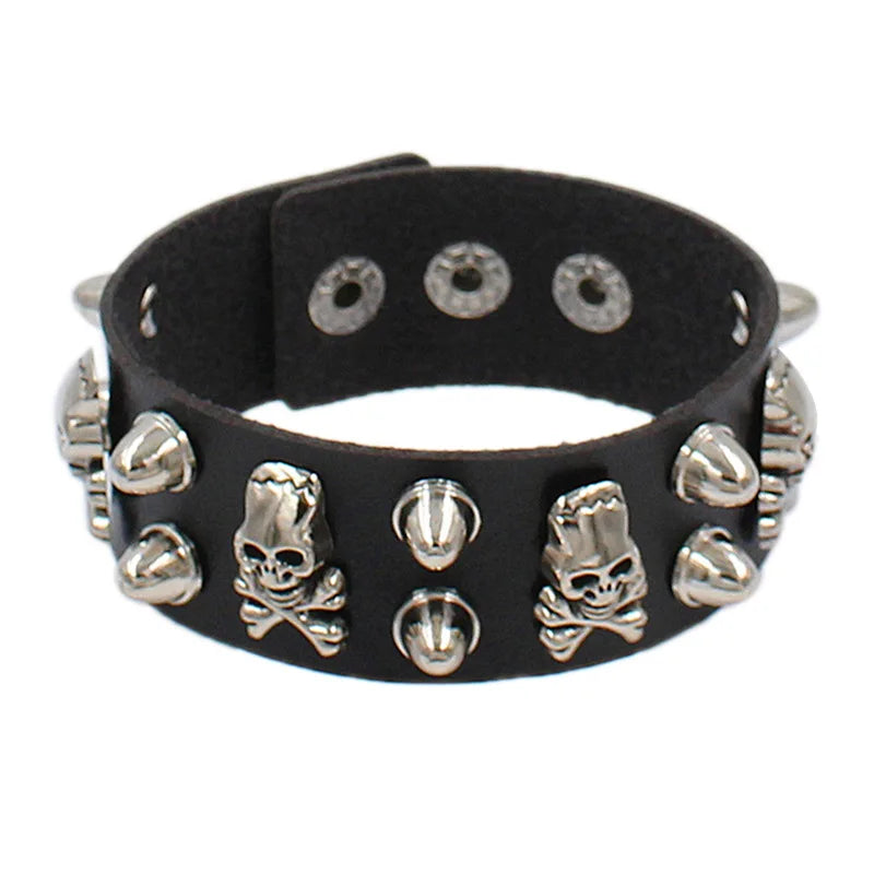 Fashion Rivet Gothic Wrap Bracelet Hip Hop Leather Spike Bracelet Bangle Vintage Dark Skull  Adjustable Punk Wristband Bracelet